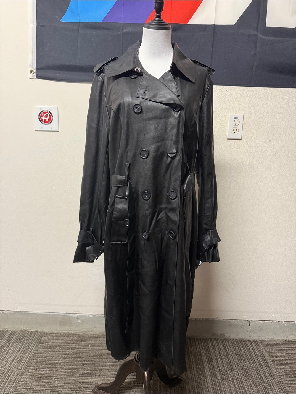 New York & Company Black Leather Double-Breasted Trench Coat S/M